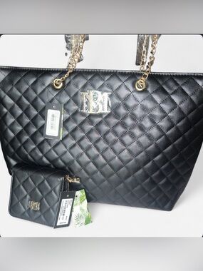 Badgley Mischka Black Quilted Tote with Gold Chain Straps and matching Wallet